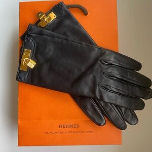 Hermes Black Leather Gloves with Gold Kelly hardware